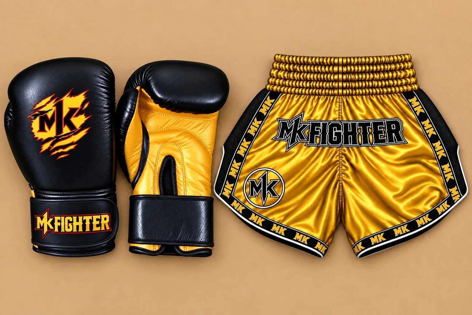 Gants et short de boxe thaï MK Fighter noir et or